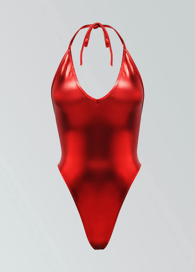 Womens Metallic Halter V-Neck Thong Leotard