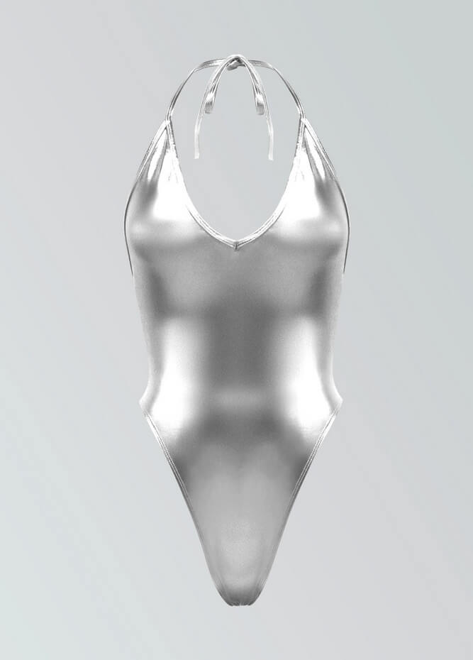 Womens Metallic Halter V-Neck Thong Leotard