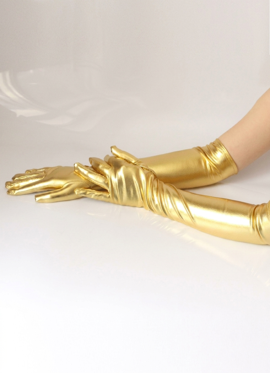 Metallic gold long gloves worn on a person's hands and forearms, shown against a clean white studio background.