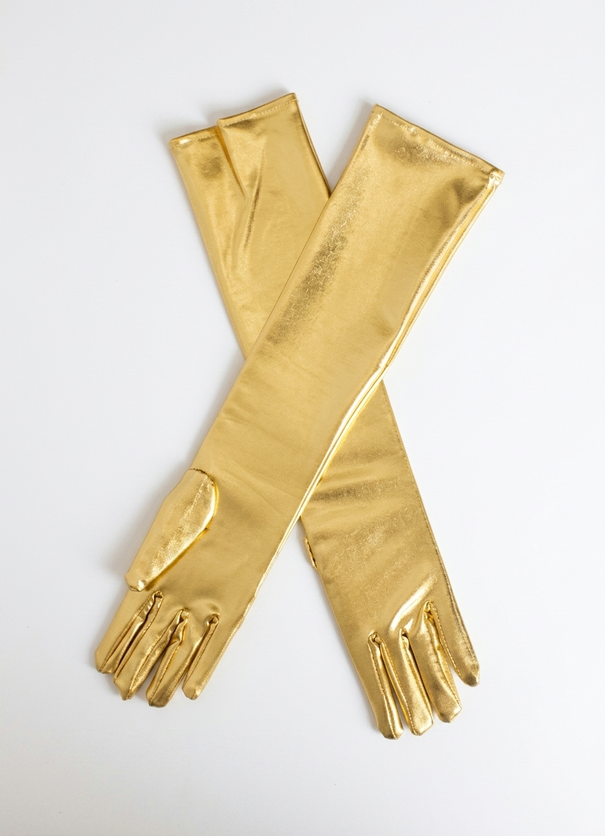 A pair of metallic gold long gloves with a glossy finish, arranged in an X-shape on a plain white background.