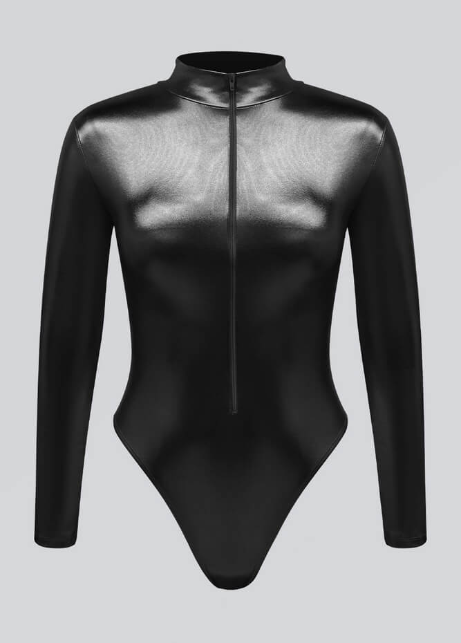 Womens Metallic Zip Front Thong Leotard