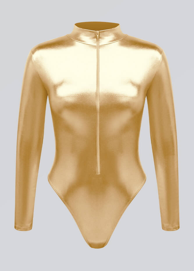 Womens Metallic Zip Front Thong Leotard