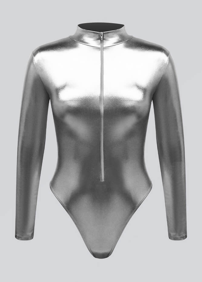 Womens Metallic Zip Front Thong Leotard
