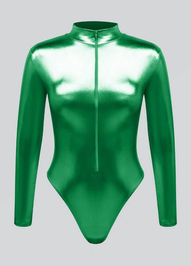 Womens Metallic Zip Front Thong Leotard