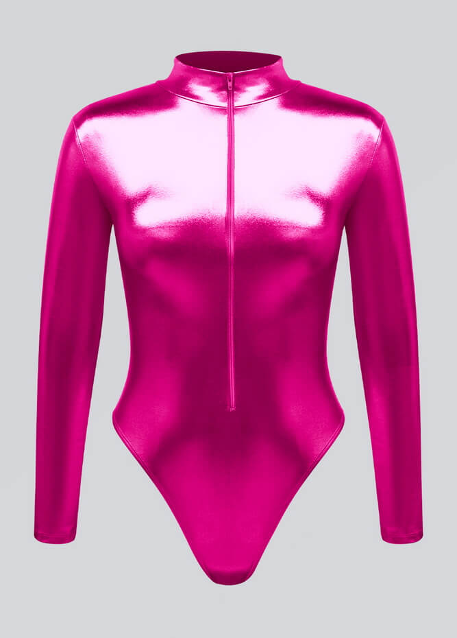 Womens Metallic Zip Front Thong Leotard