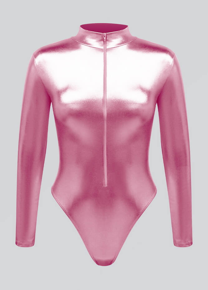 A pink metallic long sleeve thong style leotard with a front zipper.