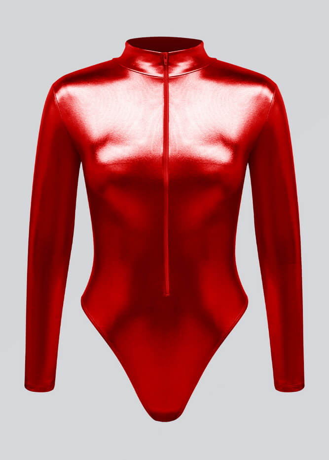 Womens Metallic Zip Front Thong Leotard