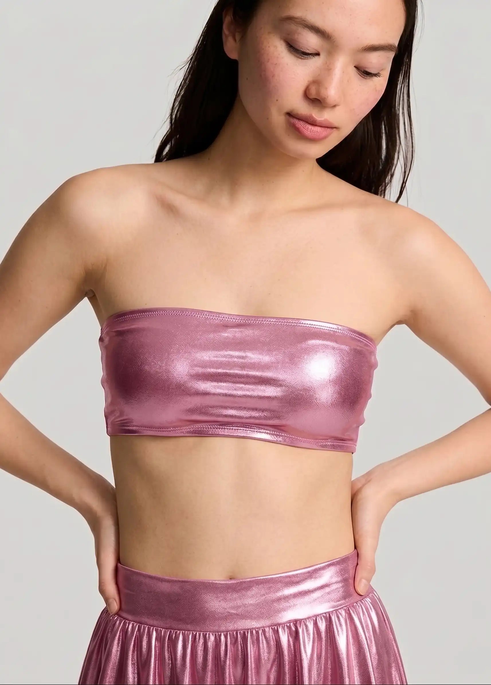 Womens Shiny Metallic Bandeau Top with Bra
