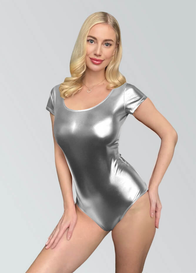 Womens Shiny Metallic Short Sleeve Leotard