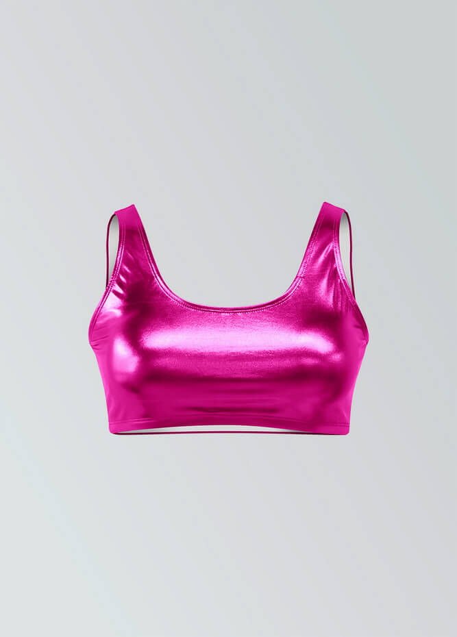 A pink shiny metallic tank top with a built-in bra.