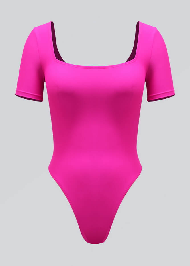Womens Short Sleeve Square Neck Thong Bodysuit