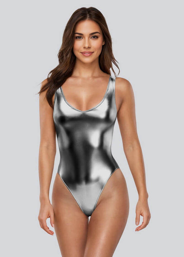 Liquid Metallic Deep Scoop Bodysuit | High-Shine Sleeveless Leotard - Gray