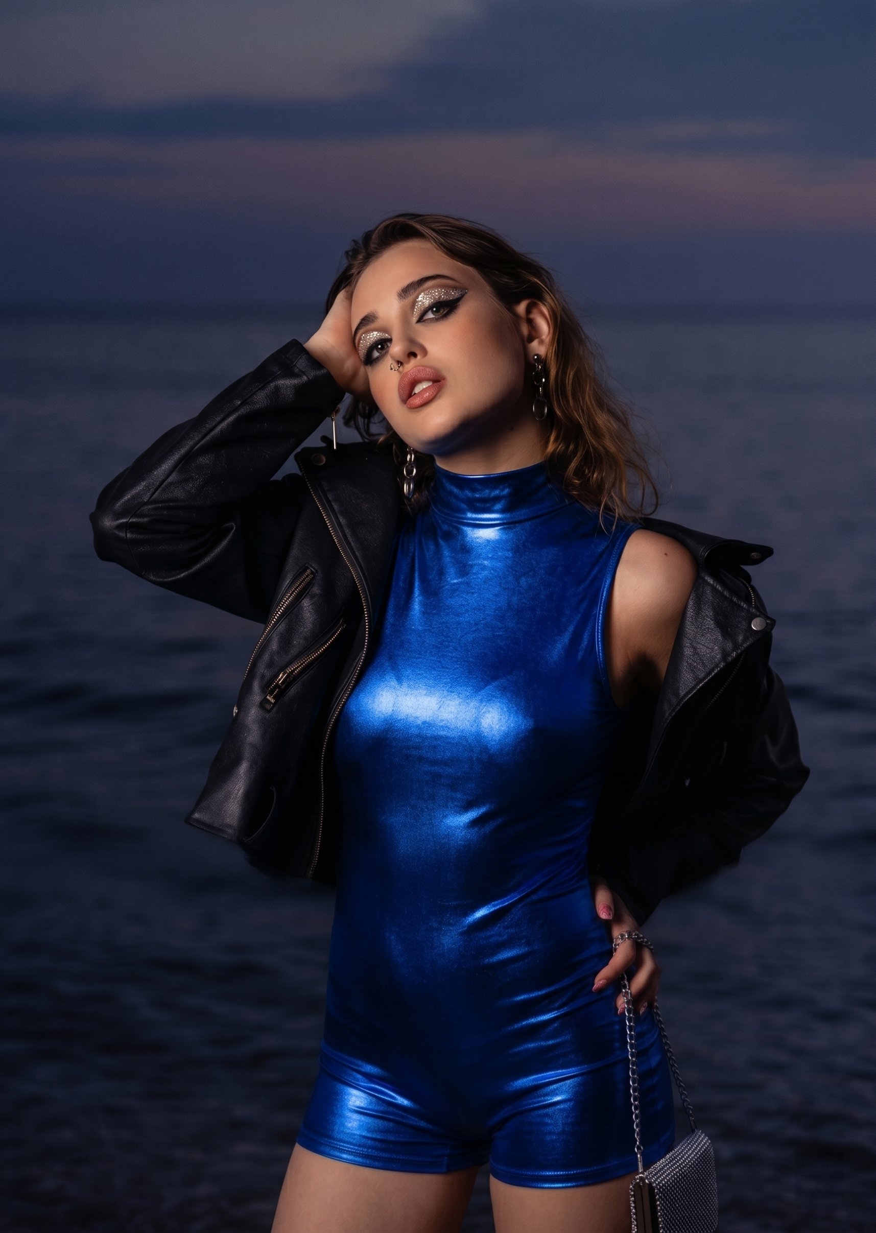 Liquid Metallic Mock Neck Romper | Sleeveless High-Shine Unitard