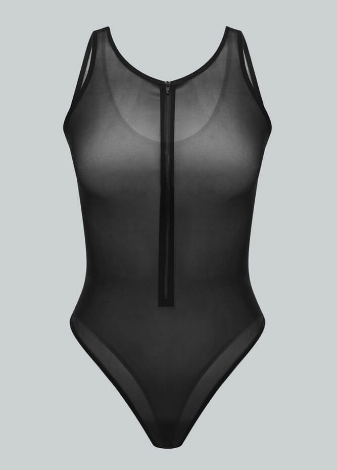 Womens Sleeveless Zip Front Sheer Mesh Bodysuit