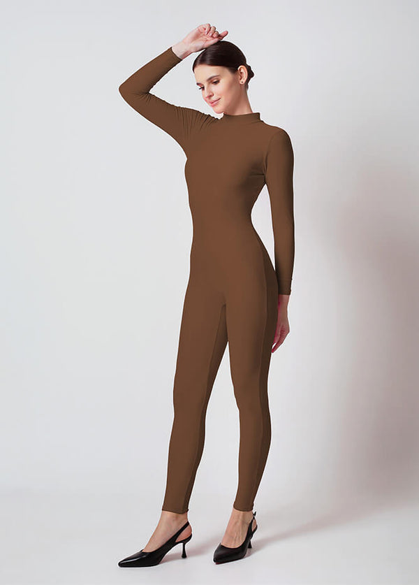 Womens Turtleneck Long Sleeve Unitard - Brown