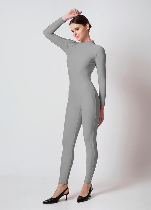 Womens Turtleneck Long Sleeve Unitard - Gray