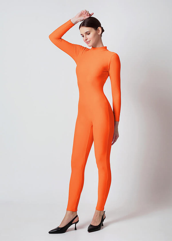 Womens Turtleneck Long Sleeve Unitard - Orange