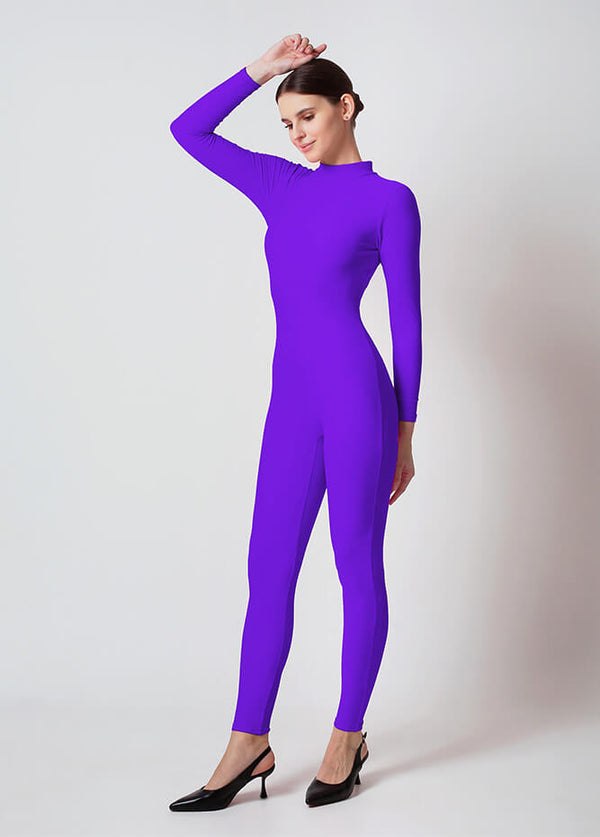 Womens Turtleneck Long Sleeve Unitard - Purple