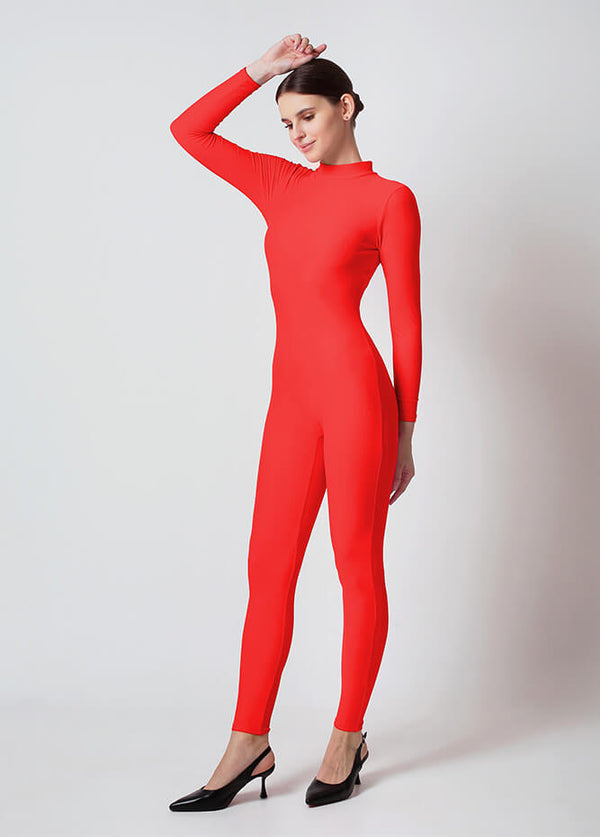 Womens Turtleneck Long Sleeve Unitard - Red