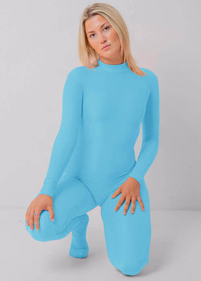 Blue Ladies One Piece Footed Full Bodysuit Unitard