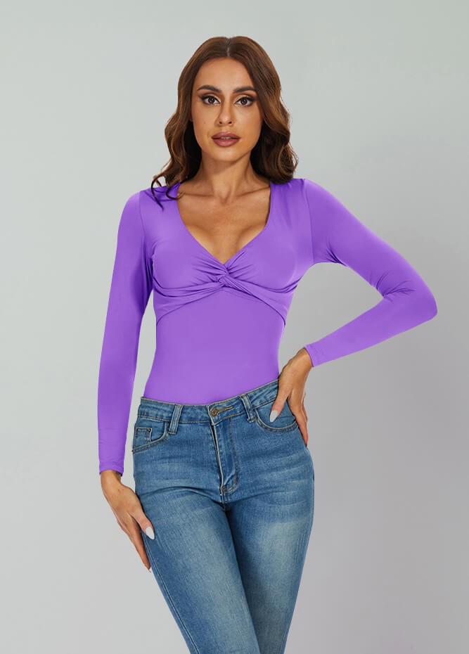 violet long sleeve v neck bodysuit