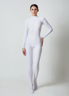 White Ladies One Piece Footed Full Bodysuit Unitard