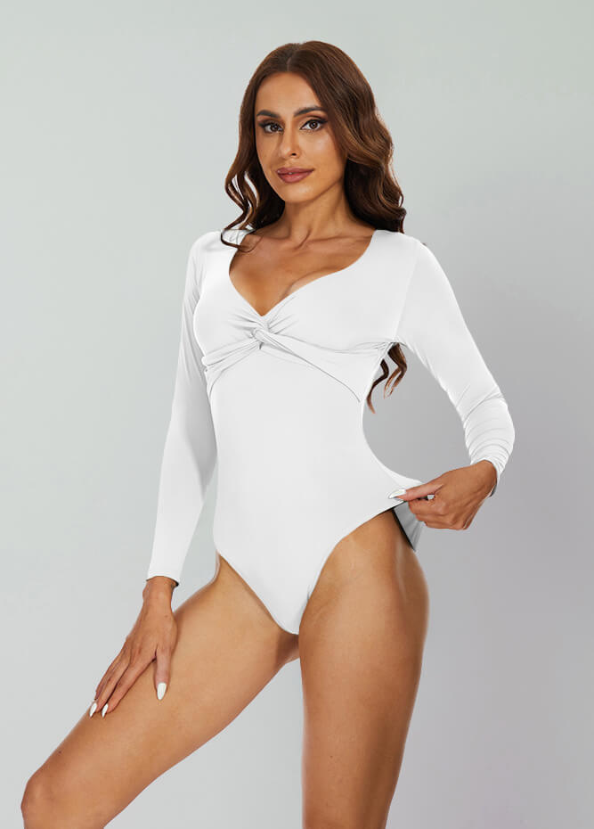Women's White Basic V Neck Bodysuit