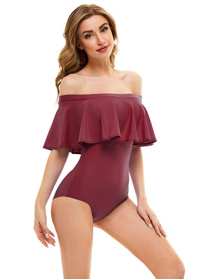 maroon off the shoulder swimsuit