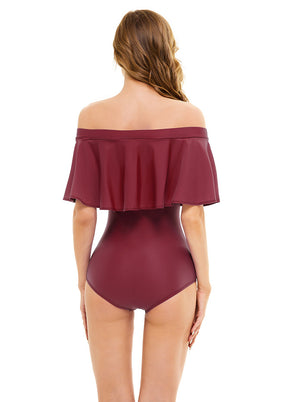 maroon off the shoulder swimsuit