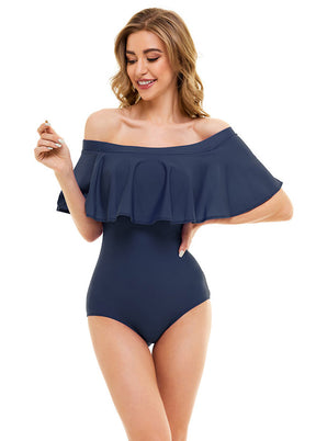 navy off the shoulder swimsuit
