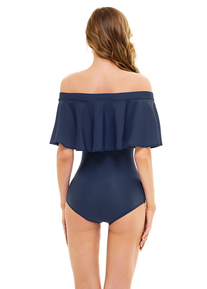navy off the shoulder swimsuit