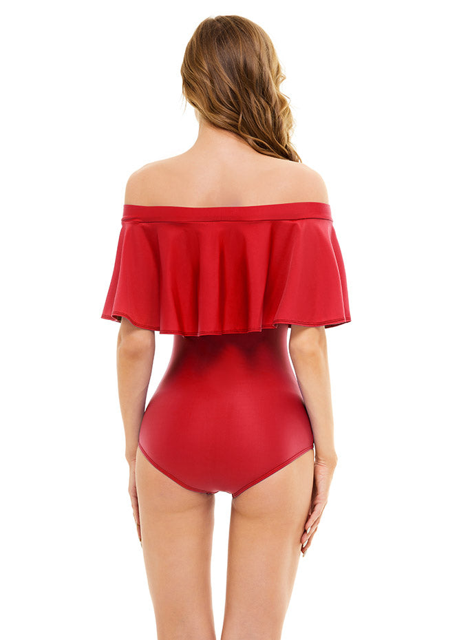 red off the shoulder swimsuit