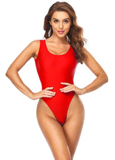 Red high cut one piece swimsuit