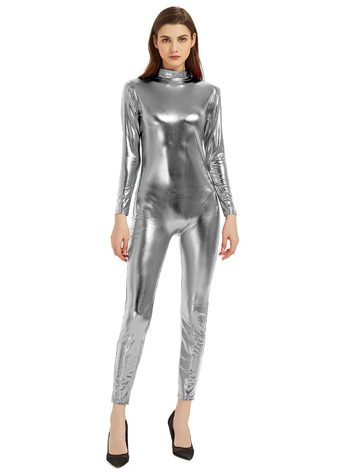 gray shiny catsuit