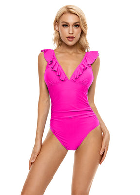 hot pink ruffle one piece swimsuit