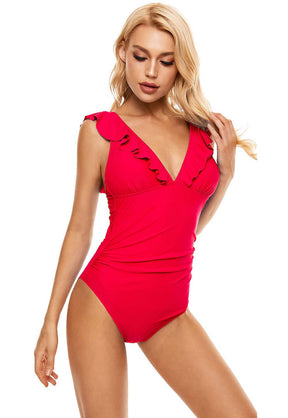 red ruffle one piece swimsuit